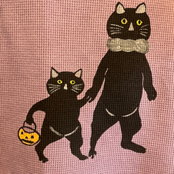 ハロウィーン　猫親子柄　レディースワッフル長袖Tシャツ 綿100% 3枚目の画像