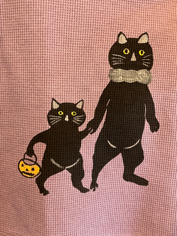 ハロウィーン　猫親子柄　レディースワッフル長袖Tシャツ 綿100% 3枚目の画像