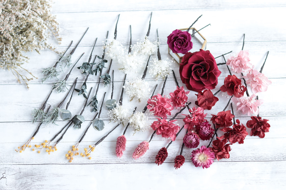 “ボルドー&クラシカルピンク”バラとミモザのナチュラルリースブーケ・ヘッドドレス・ブートニア＊プリザーブドフラワー 11枚目の画像