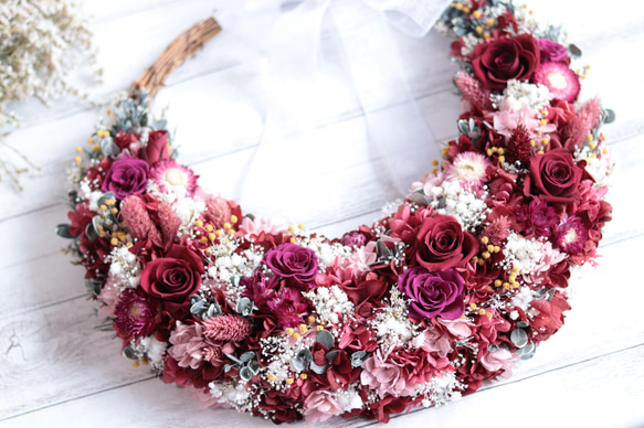 “ボルドー&クラシカルピンク”バラとミモザのナチュラルリースブーケ・ヘッドドレス・ブートニア＊プリザーブドフラワー 4枚目の画像