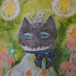 原画『流星森の猫-黒翡翠-』日々を愉しむちいさな絵　額装品 2枚目の画像