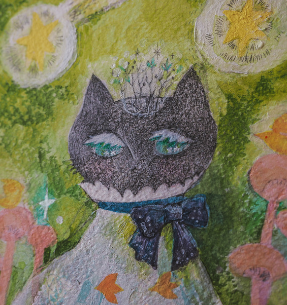 原画『流星森の猫-黒翡翠-』日々を愉しむちいさな絵　額装品 2枚目の画像