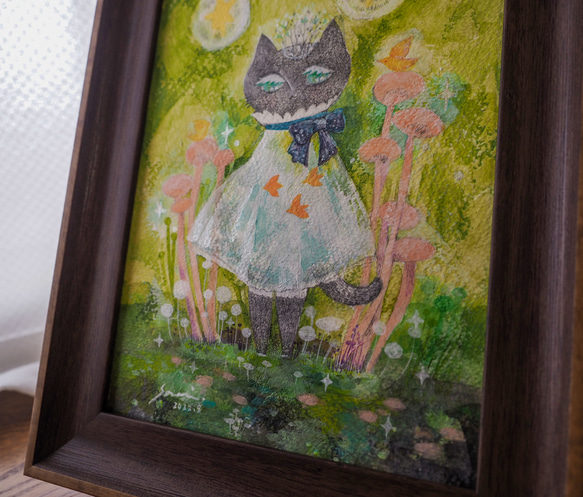 原画『流星森の猫-黒翡翠-』日々を愉しむちいさな絵　額装品 3枚目の画像