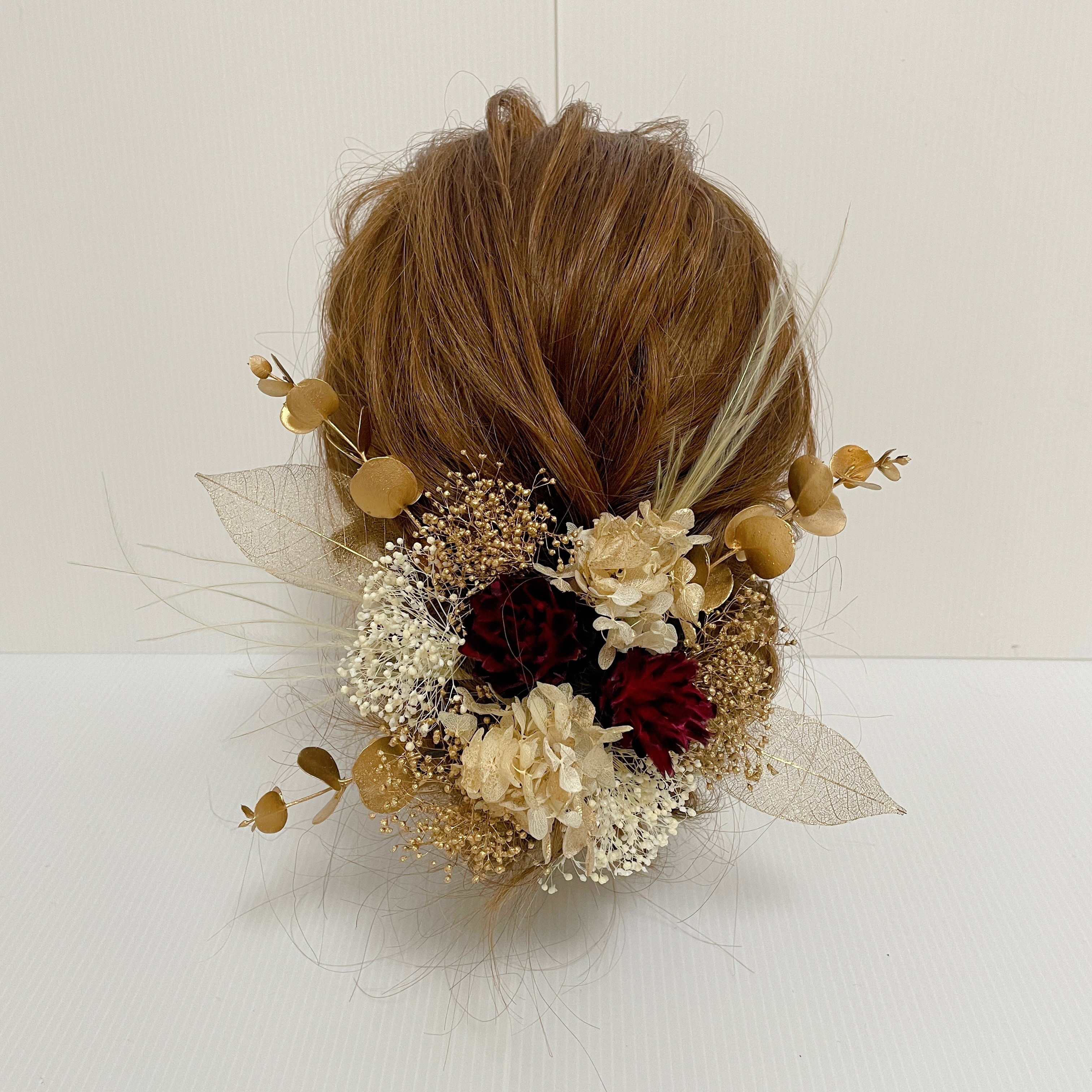 ドライフラワー ボルドー ゴールド ヘッドドレス 和装 成人式 結婚式 ウェディング 卒業式 髪飾り 振袖 ブライダル