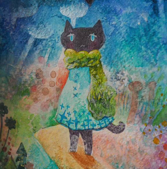 原画『旅猫-midnight Obsidian-』日々を愉しむちいさな絵　額装品 2枚目の画像