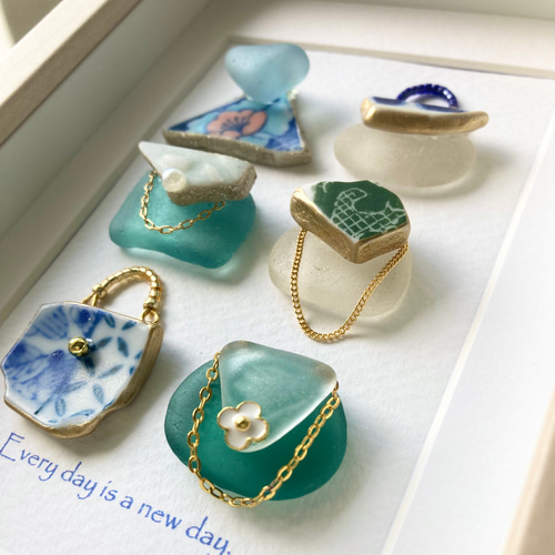 花のシー陶器のバッグ・シーグラスアート・インテリア小物・置物・壁