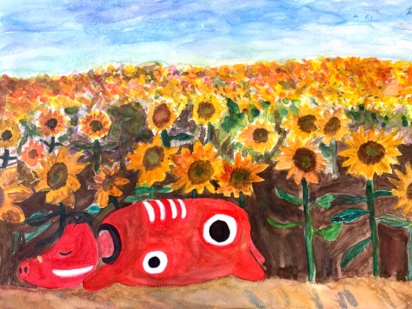 ひまわり畑でお昼ねべこ　　水彩画　赤べこ 1枚目の画像