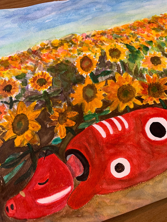 ひまわり畑でお昼ねべこ　　水彩画　赤べこ 5枚目の画像