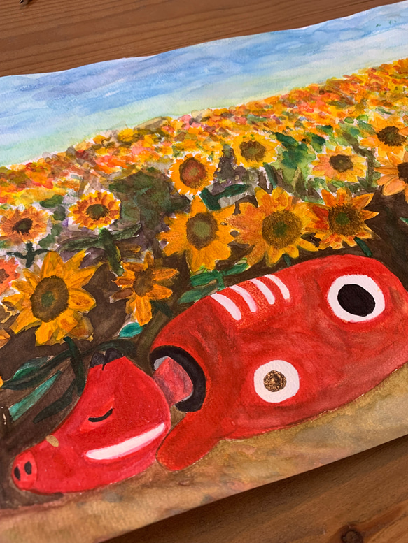ひまわり畑でお昼ねべこ　　水彩画　赤べこ 4枚目の画像