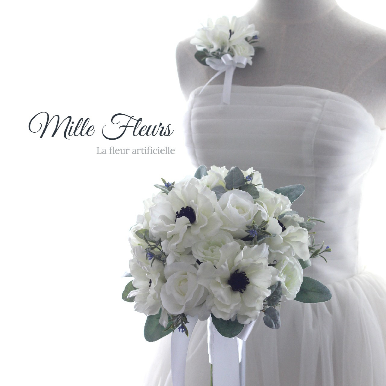 ホワイト　ローズ　アネモネ　クラッチブーケ　ブートニアセット 12,096円