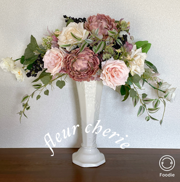 アートフラワー置き型アレンジ陶器ローズピオニーアーティフィシャル