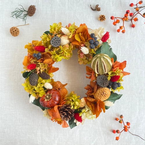 木の実と紅葉の秋色リース 〜紅葉色のアジサイ〜 プリザーブドフラワー  