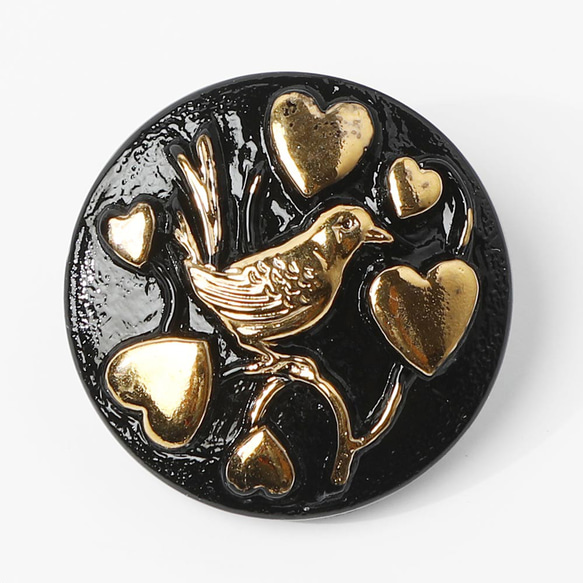 チェコガラス・ボタン 小鳥とハート 1個  2.3cm ブラック＆ゴールド 1枚目の画像