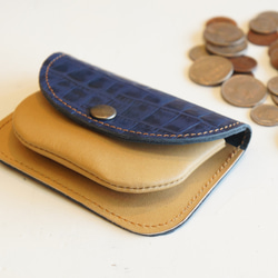ミニ財布 本革製カードケース付き小銭入れ ワニ柄ネイビー×オーク N011 紺×黄土色 コンパクト財布 コインケース 2枚目の画像