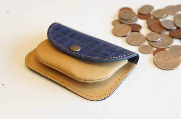 ミニ財布 本革製カードケース付き小銭入れ ワニ柄ネイビー×オーク N011 紺×黄土色 コンパクト財布 コインケース 2枚目の画像
