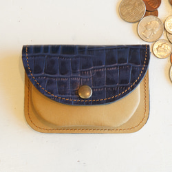 ミニ財布 本革製カードケース付き小銭入れ ワニ柄ネイビー×オーク N011 紺×黄土色 コンパクト財布 コインケース 1枚目の画像
