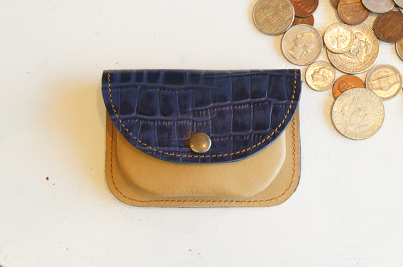 ミニ財布 本革製カードケース付き小銭入れ ワニ柄ネイビー×オーク N011 紺×黄土色 コンパクト財布 コインケース 1枚目の画像