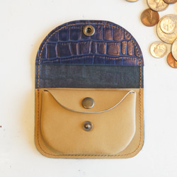 ミニ財布 本革製カードケース付き小銭入れ ワニ柄ネイビー×オーク N011 紺×黄土色 コンパクト財布 コインケース 3枚目の画像
