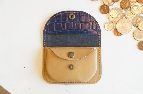 ミニ財布 本革製カードケース付き小銭入れ ワニ柄ネイビー×オーク N011 紺×黄土色 コンパクト財布 コインケース 3枚目の画像
