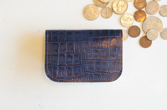 ミニ財布 本革製カードケース付き小銭入れ ワニ柄ネイビー×オーク N011 紺×黄土色 コンパクト財布 コインケース 6枚目の画像