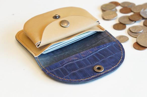 ミニ財布 本革製カードケース付き小銭入れ ワニ柄ネイビー×オーク N011 紺×黄土色 コンパクト財布 コインケース 4枚目の画像