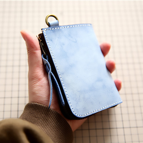 明るい爽やかなコンパクト本革財布 ロウ引き革 L字ファスナー 普段使い