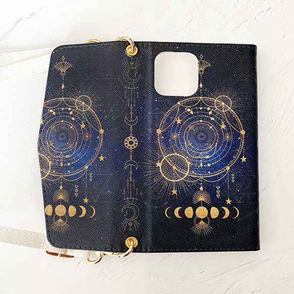 天体観測・月の満ち欠け ショルダーストラップ付き 三つ折り手帳型スマホケース 6枚目の画像