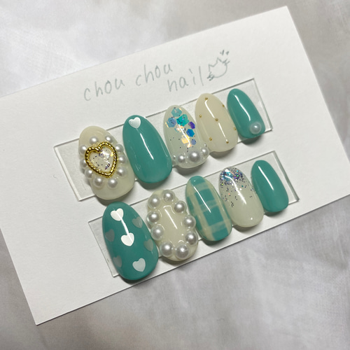 ミントグリーンネイル きらきらネイル ネイルチップ（つけ爪