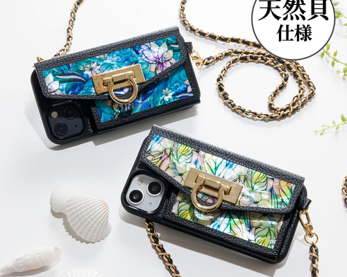 iPhone17 対応☆天然貝 螺鈿アート×本革レザー☆スマホケース（カード