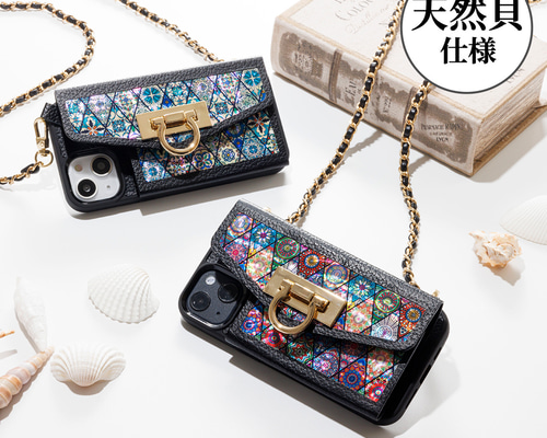 iPhone17 対応☆天然貝 螺鈿アート×本革レザー☆スマホケース