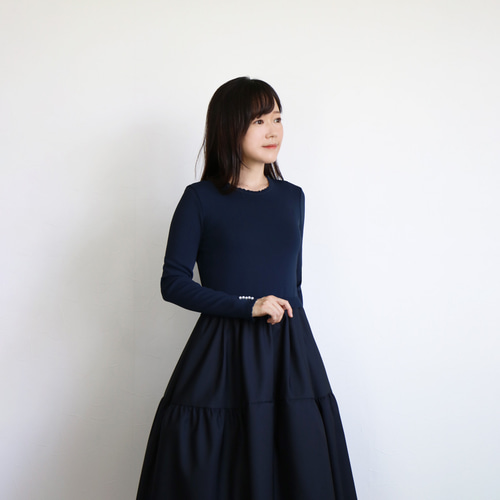 美品✨️ jolie mignon 袖口パール ニットドッキングワンピース ジョリーミニョン袖口パール付きニットタフタドッキングワンピースグレー