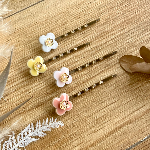 R*︎様 金色の花模様ヘアピン 桜＆菜の花の美濃焼ヘアピン お得な4本セット ヘアピン ともこ 通販