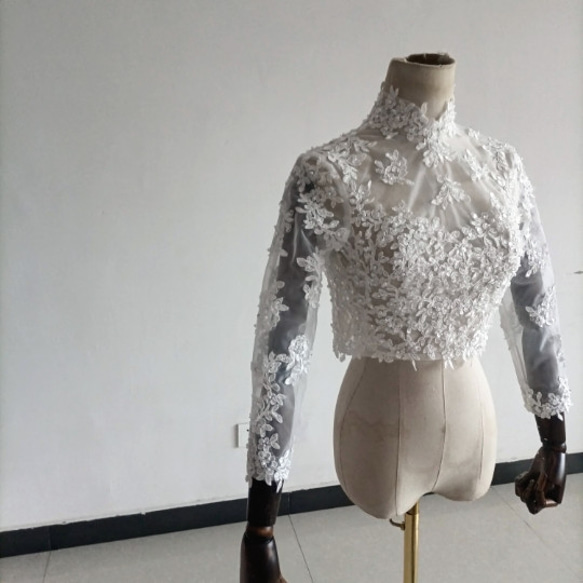 Vハイネックボレロ　トップス 上品透け袖 3D立体レース刺繍 くるみボタン 長袖 2枚目の画像