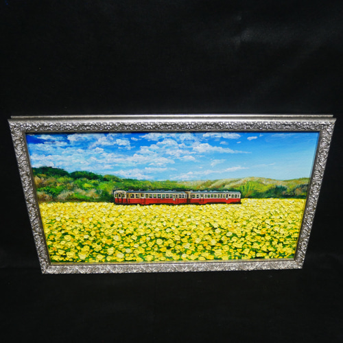 油絵 油彩 油彩画 絵 絵画 【桜と菜の花の鉄道】 | Pay ID