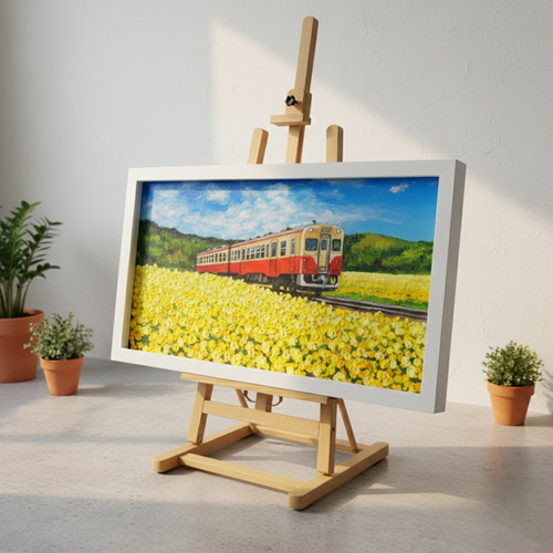 油彩画「石神の菜の花畑とキハ200形」－小湊鐵道の春の情景－ 絵画