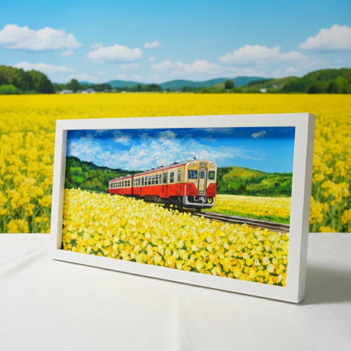 油彩画「石神の菜の花畑とキハ200形」－小湊鐵道の春の情景－ 絵画