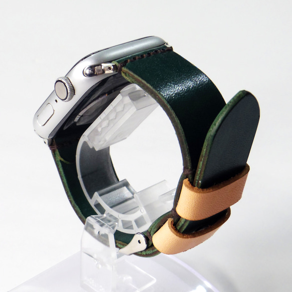 Apple Watch 腕時計ベルト 腕時計バンド 牛革レザー 全ケースサイズ制作 ディープグリーン 深緑色 6枚目の画像