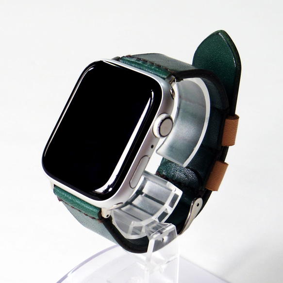 Apple Watch 腕時計ベルト 腕時計バンド 牛革レザー 全ケースサイズ制作 ディープグリーン 深緑色 1枚目の画像