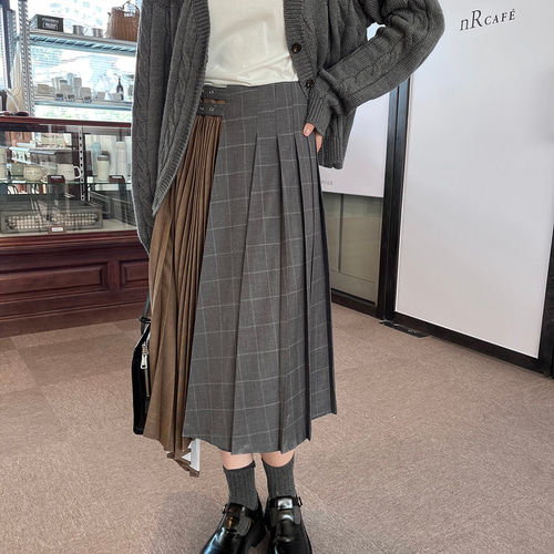 プリーツ・チェック柄ロングスカート【秋冬春】グレー/ブラウン系