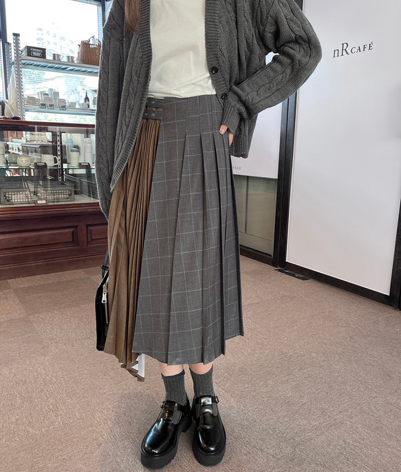 グレー系チェック パンツ　まきスカート プリーツ・チェック柄ロングスカート【秋冬春】グレー/ブラウン
