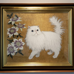 「猫とクレマチス」日本画 原画　サイズF15号 送料無料　額装済み 2枚目の画像