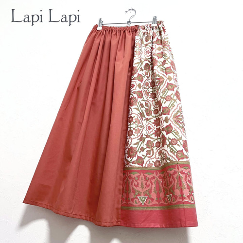 新作】切り替えインド綿ギャザースカート サーモンピンク×オレンジ