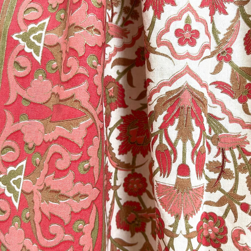 新作】切り替えインド綿ギャザースカート サーモンピンク×オレンジ