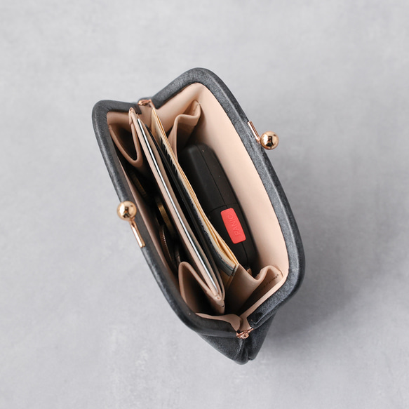 送料無料 小さい財布 ミニマム 革巻き がま口 国産 蝋引き革 ミニ財布 口金 ガマ口 ガマグチ ブラック AURAMU 8枚目の画像