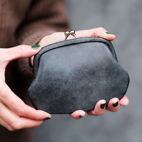 送料無料 小さい財布 ミニマム 革巻き がま口 国産 蝋引き革 ミニ財布 口金 ガマ口 ガマグチ ブラック AURAMU 1枚目の画像