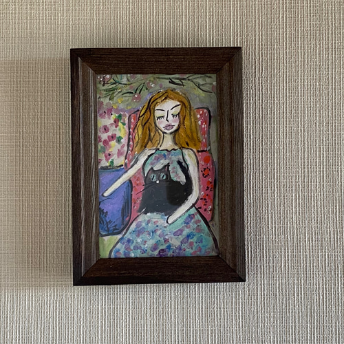 絵画。原画【手の中の紫色のアサガオ、かわいい黒猫とウサギ】 絵画