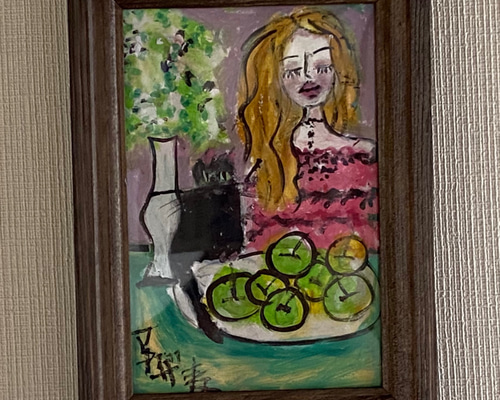 絵画。原画手描き【テーブルの上で青リンゴを食べたい黒猫ちゃん