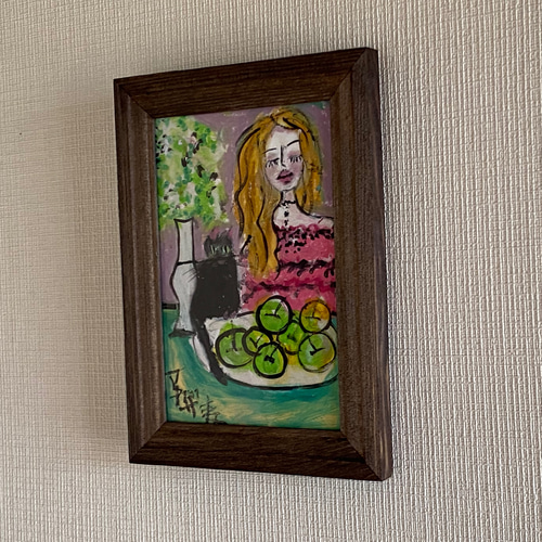 絵画。原画手描き【テーブルの上で青リンゴを食べたい黒猫ちゃん