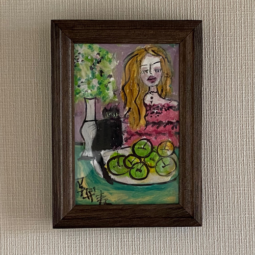 絵画。原画【かわいい黒猫と3つの赤いリンゴ】 絵画。原画手描き【かわいい猫ちゃんが赤いリンゴを持ち上げている】