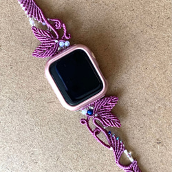 14.紫×天然石 アップルウォッチ スマートウォッチ 腕時計 バンド マクラメ 好きな色、好きな天然石でオーダーメイド 1枚目の画像